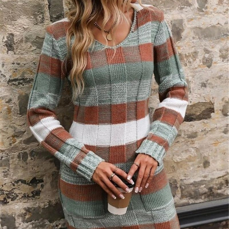 Woman's V-neck Double Pocket Knitted Slim Fit Sweater Dress