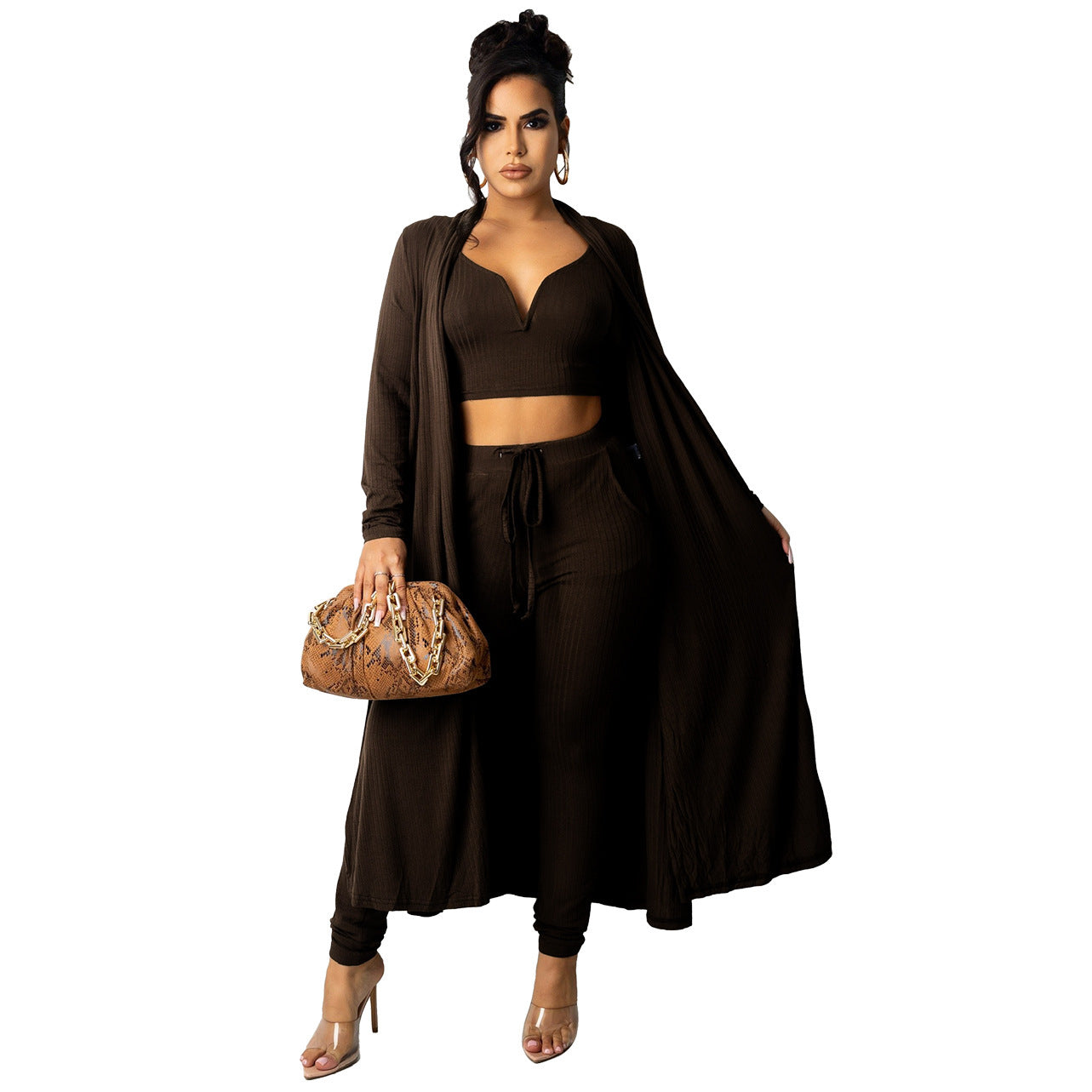 Woman's Ribbed V-neck Vest Long Women's Pants 3 Piece Suit/3 Colors
