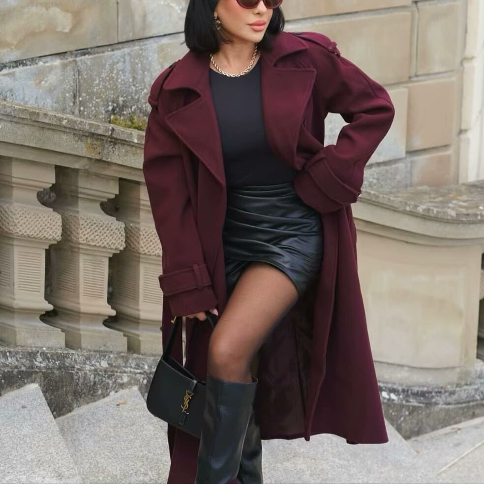 Woman's Lapel Double-breasted Woolen Long Trench Coat