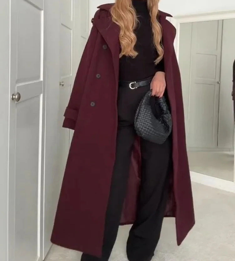 Woman's Lapel Double-breasted Woolen Long Trench Coat