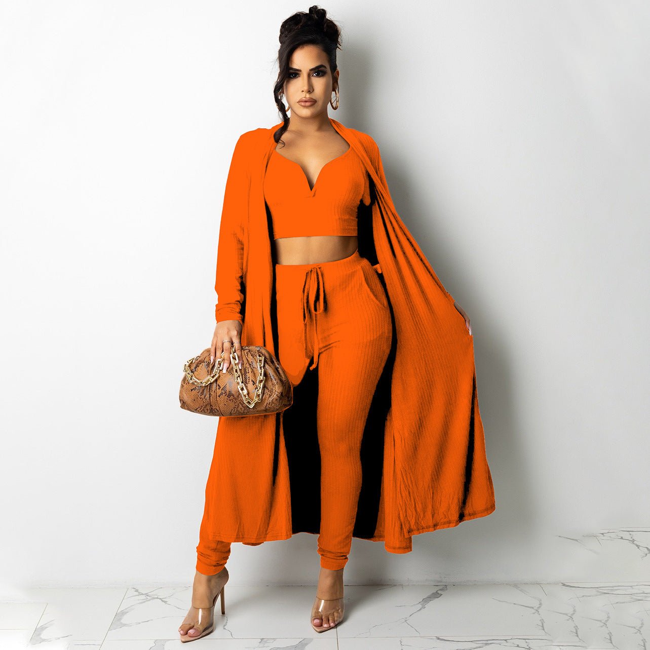 Woman's Ribbed V-neck Vest Long Women's Pants 3 Piece Suit/3 Colors