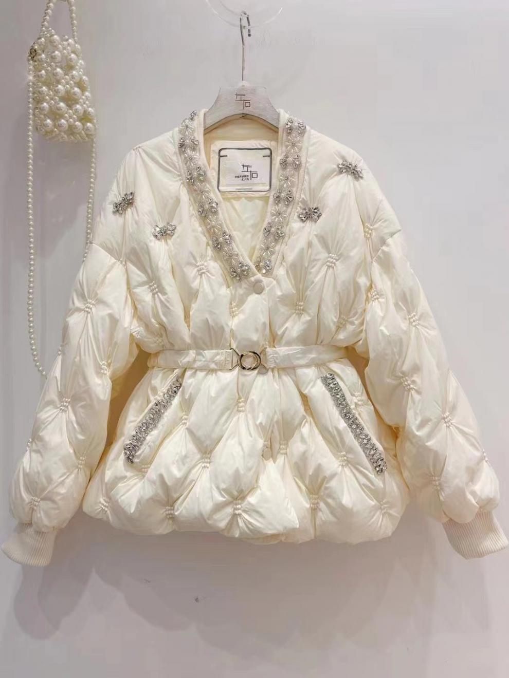 Diamond V Neck Single-breasted All-matching Graceful Waist Down Jacket Coat
