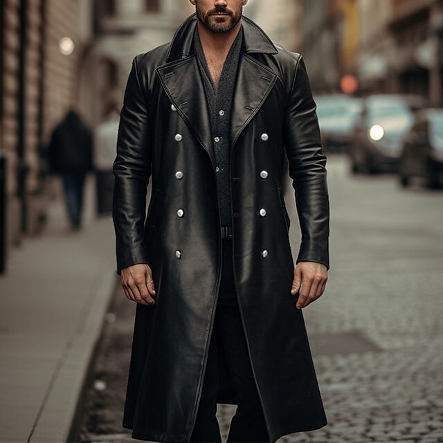 Long Trench Coat Male Double-breasted metallic Leather Jacket