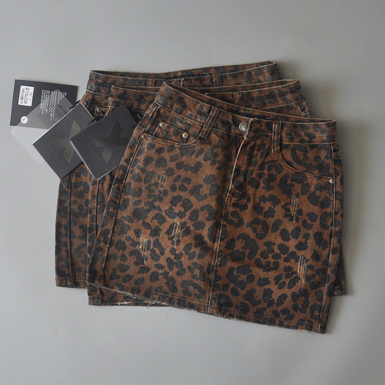 Women's High Waist Leopard Print Denim Skirt/2 Colors