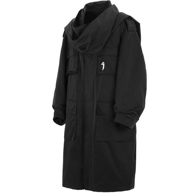 Multi-pocket Scarf Long Trench Coat For Men Loose Casual Jacket