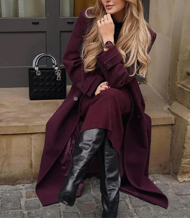 Woman's Lapel Double-breasted Woolen Long Trench Coat