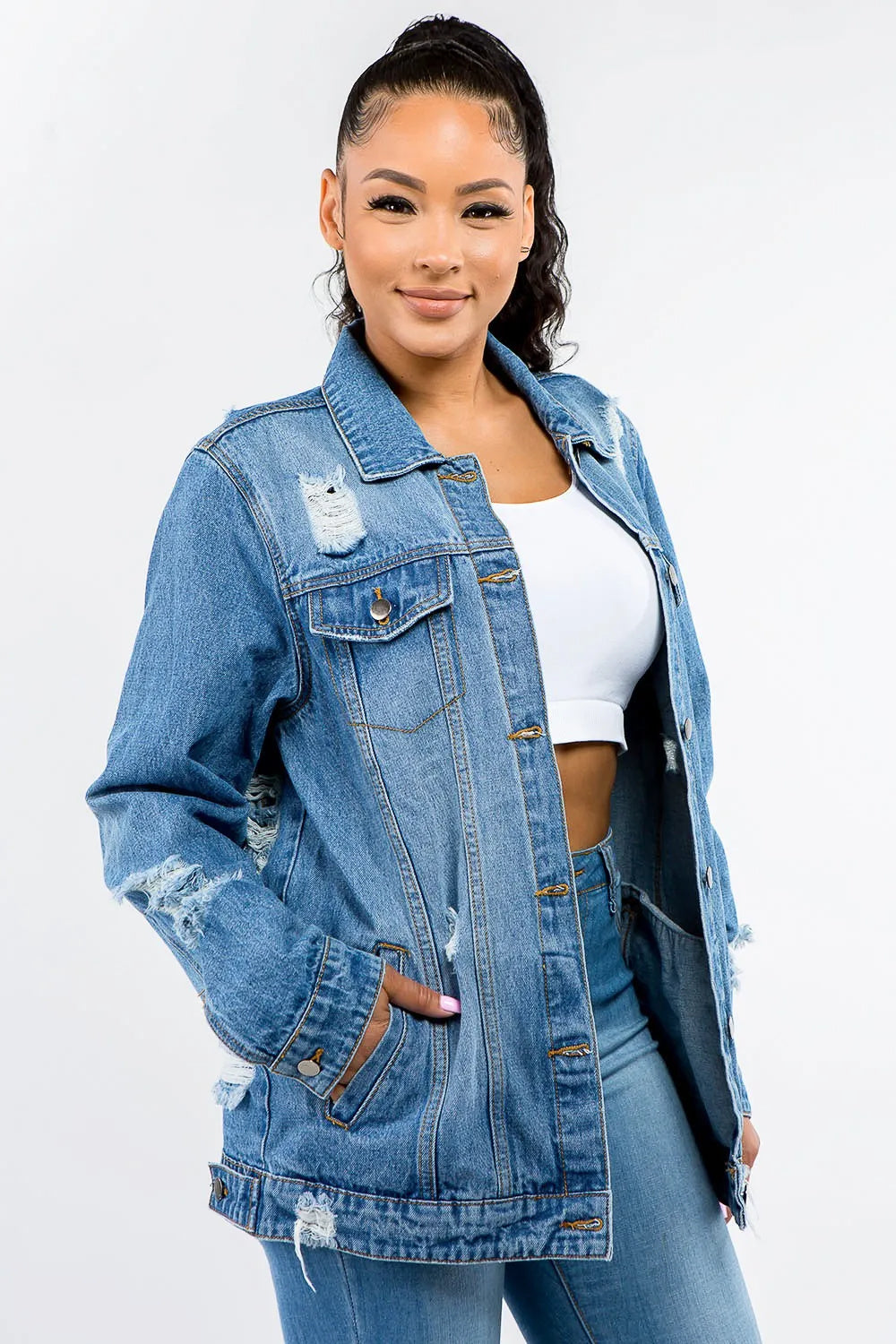 Woman's Full Size Button Up Distressed Denim Jacket