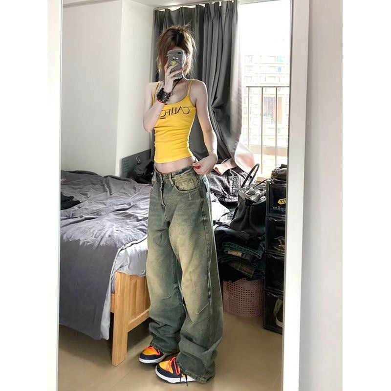 Women's High Waist Loose Distressed Straight-leg Denim Pants