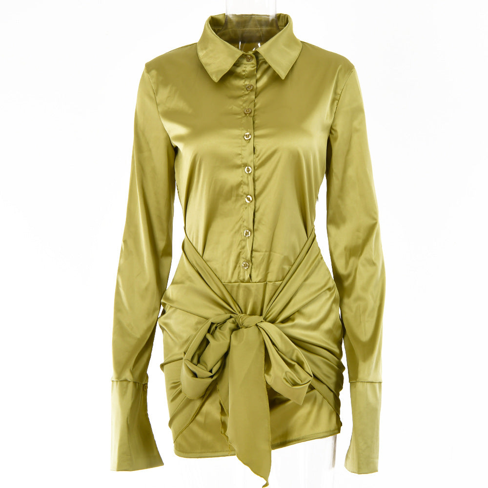 Women's Lace-up A- Line Lapel Long Sleeve Dress/5 Colors