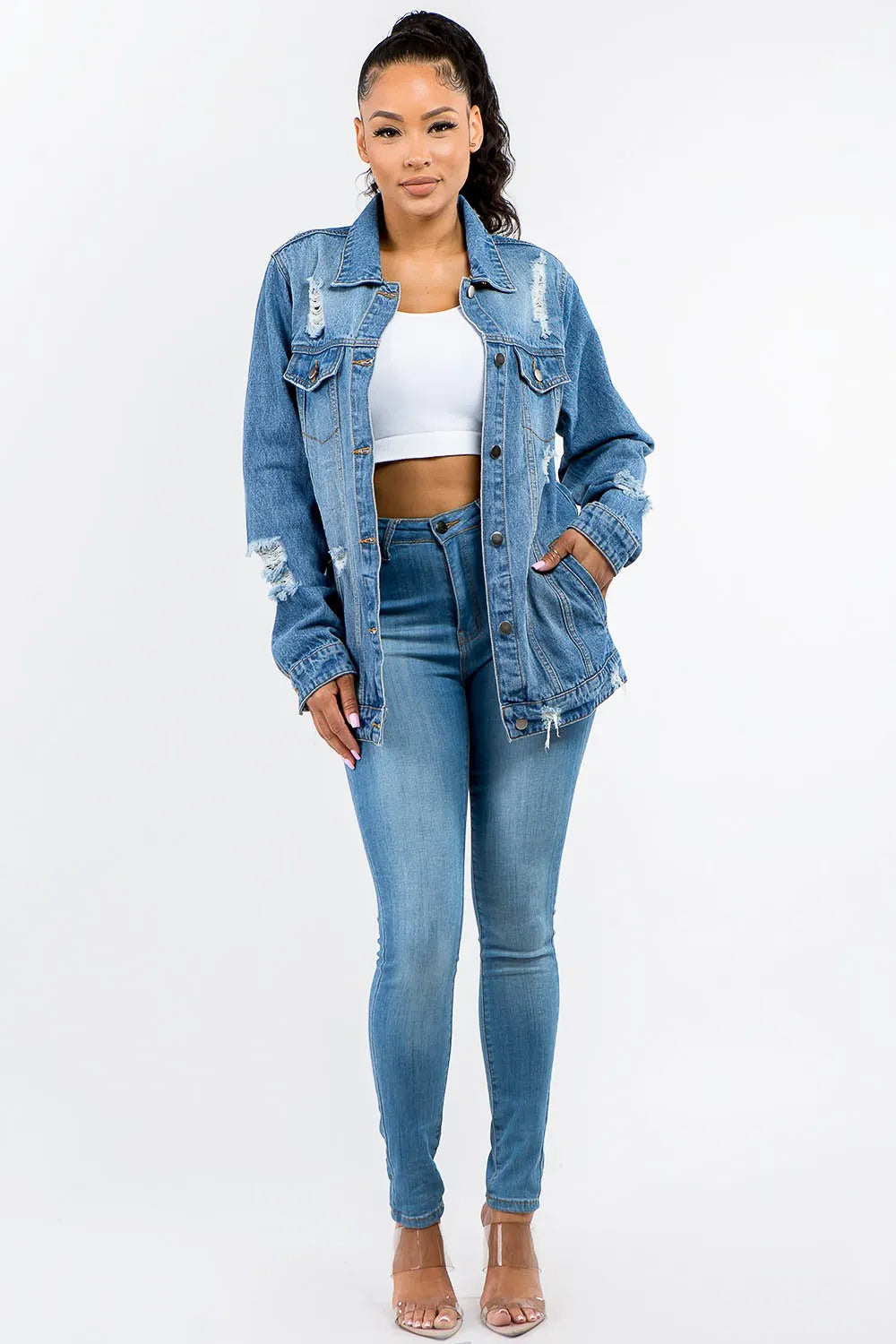 Woman's Full Size Button Up Distressed Denim Jacket