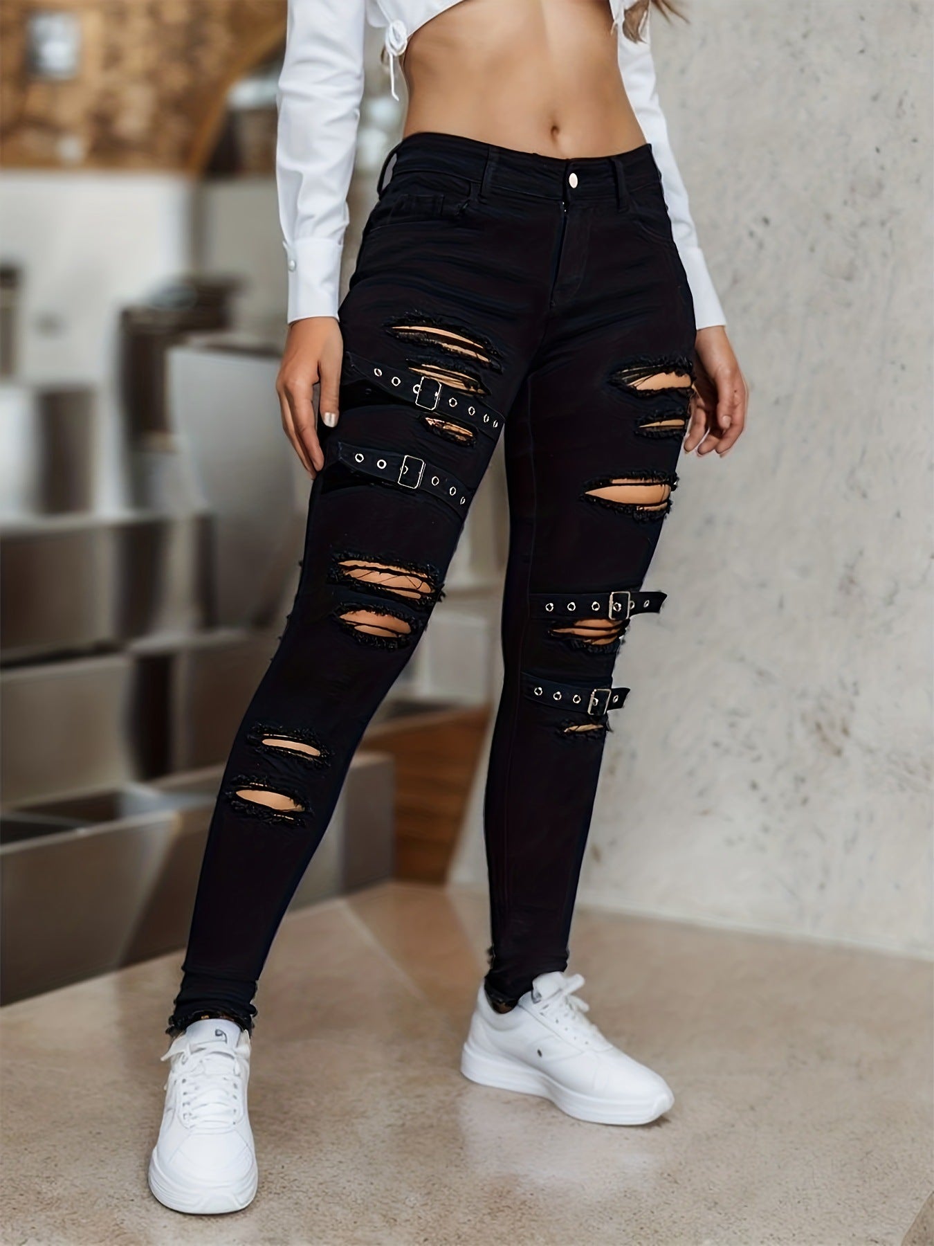 Women's Ripped Buckle Slim Fit Jeans