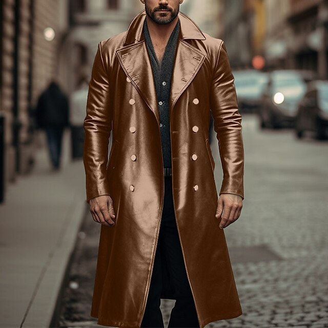 Long Trench Coat Male Double-breasted metallic Leather Jacket