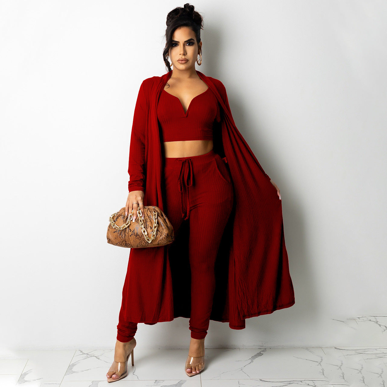 Woman's Ribbed V-neck Vest Long Women's Pants 3 Piece Suit/3 Colors