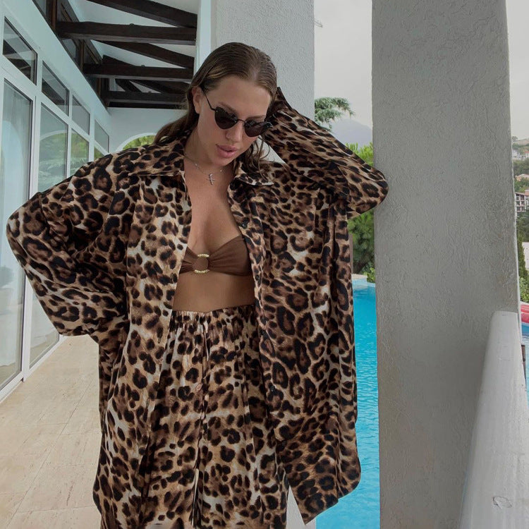 Woman's Leopard Print Long Sleeve Draping 2peice Set