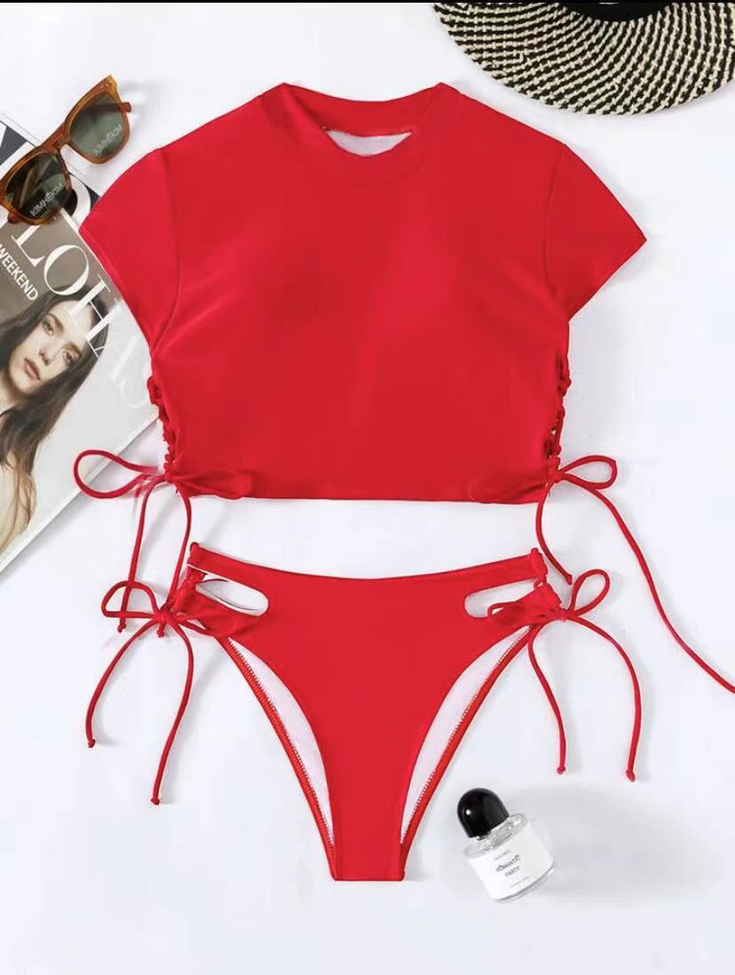 Women's Two-piece Solid Color Short Sleeve Swimsuit/2 Colors