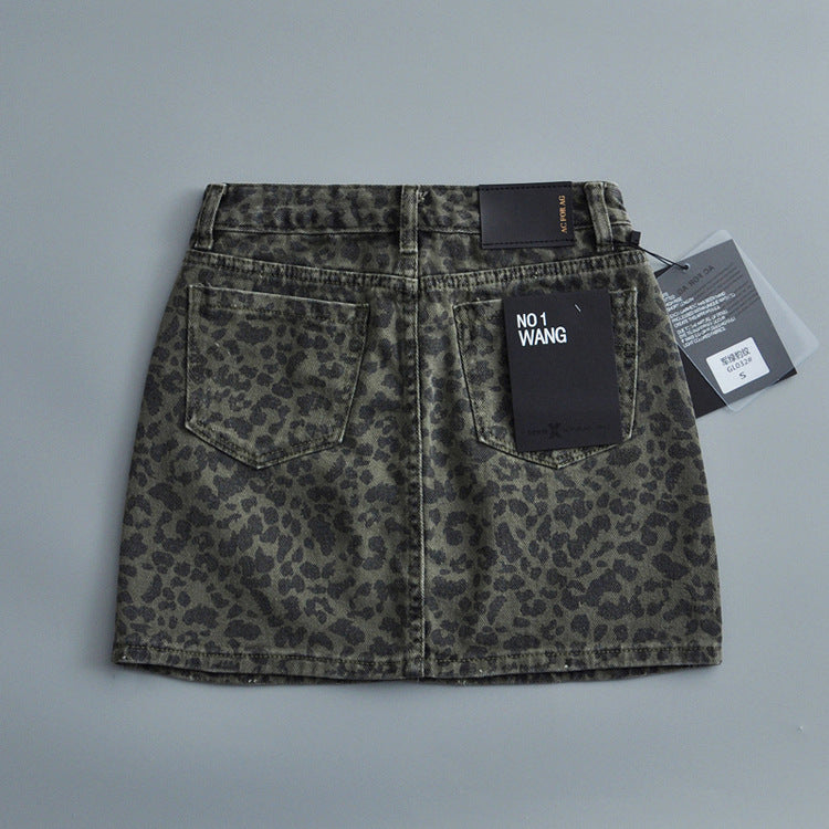 Women's High Waist Leopard Print Denim Skirt/2 Colors