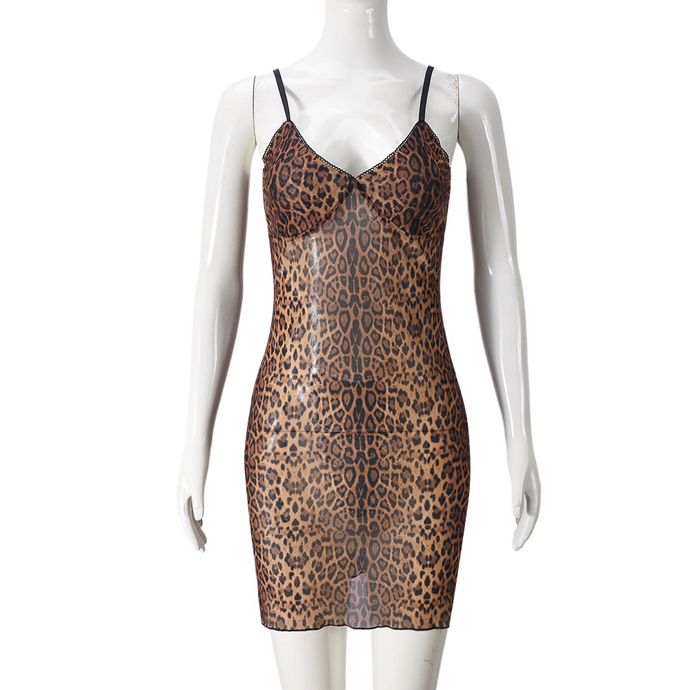 Woman's Slim Fit Leopard Print V-neck Sling Mini Dress