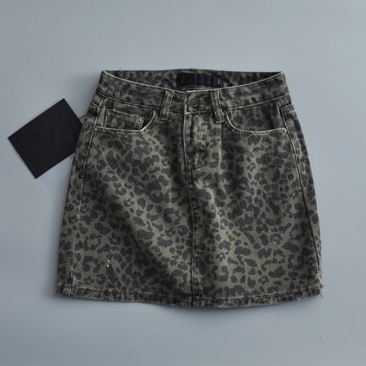 Women's High Waist Leopard Print Denim Skirt/2 Colors