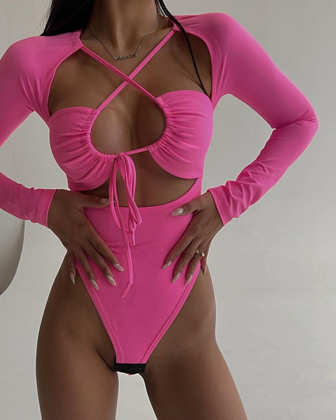 Woman's Cross Tie Long Sleeve Fitted Jumpsuit/4 Colors