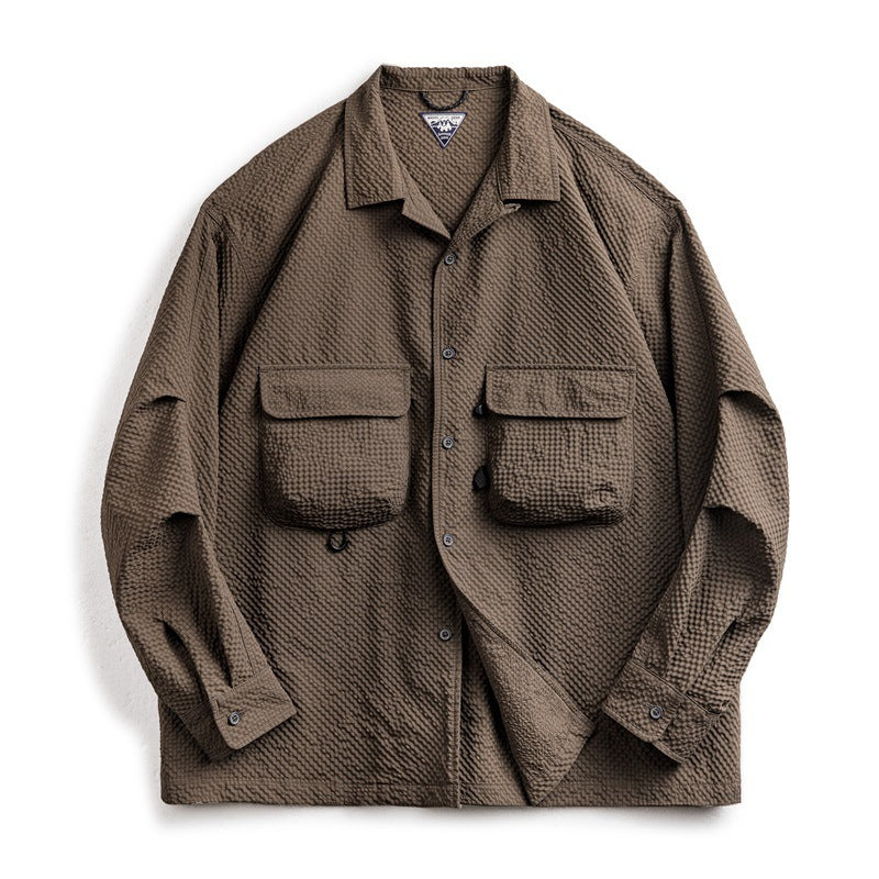 Men's Cuban Collar Seersucker Long Sleeve Shirt