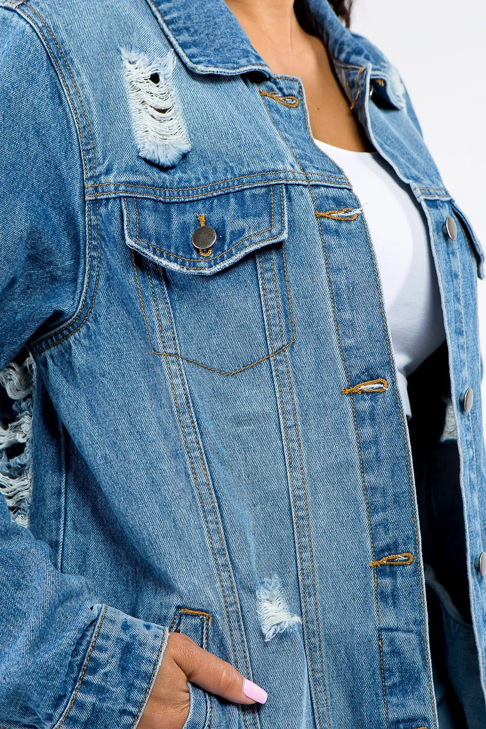 Woman's Full Size Button Up Distressed Denim Jacket