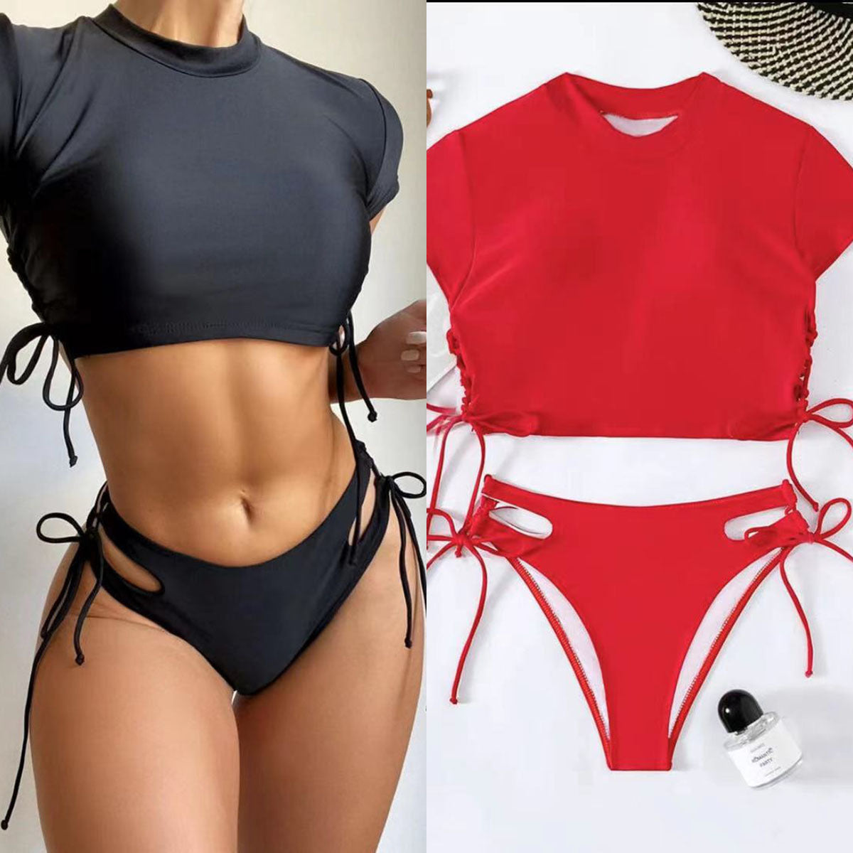 Women's Two-piece Solid Color Short Sleeve Swimsuit/2 Colors