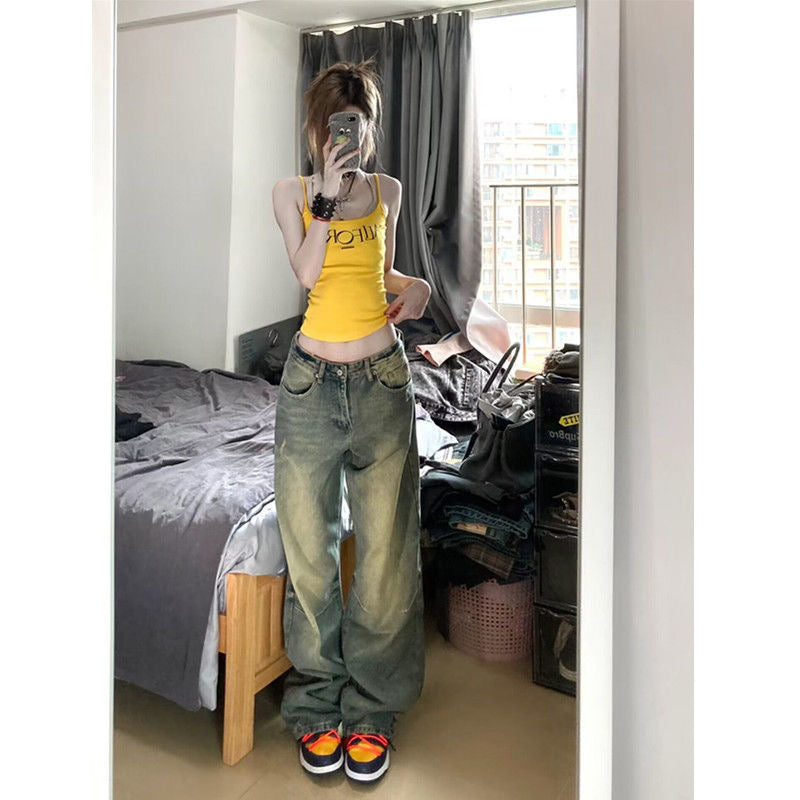 Women's High Waist Loose Distressed Straight-leg Denim Pants