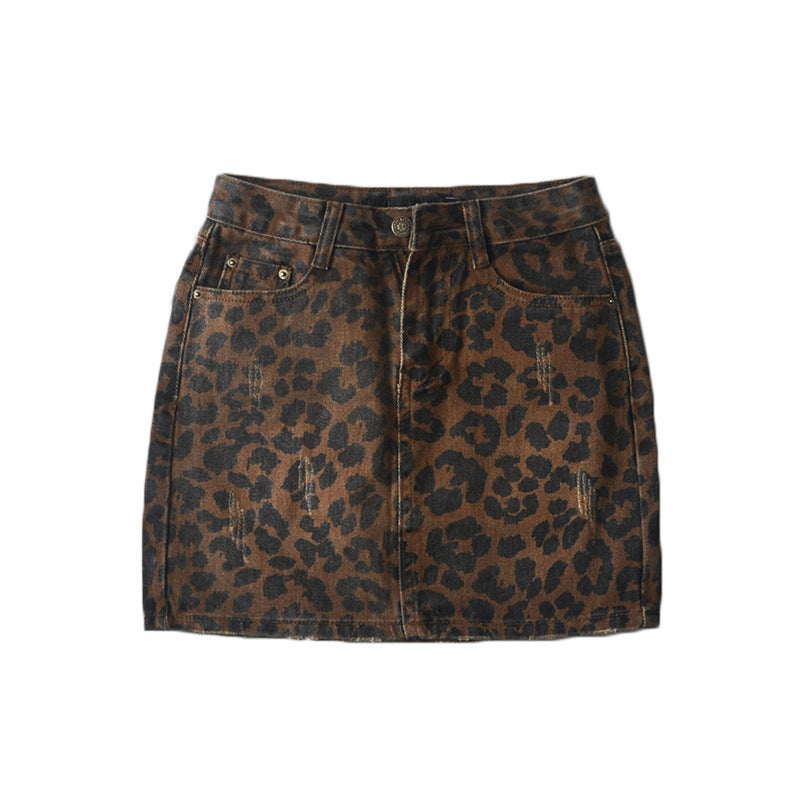 Women's High Waist Leopard Print Denim Skirt/2 Colors