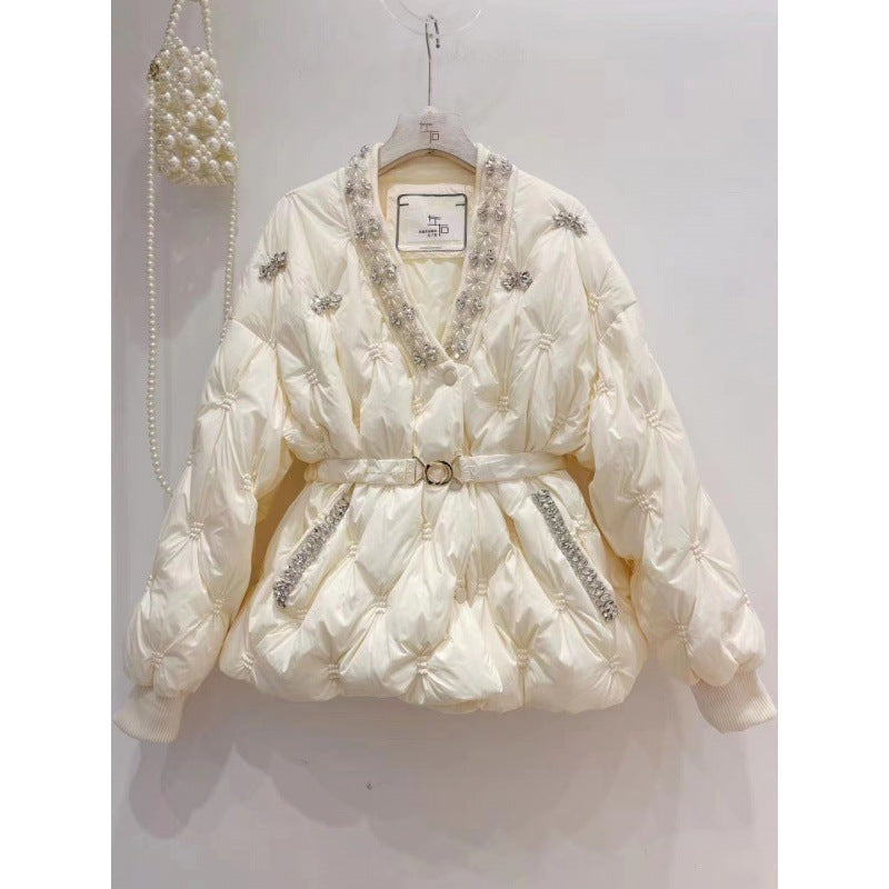 Diamond V Neck Single-breasted All-matching Graceful Waist Down Jacket Coat