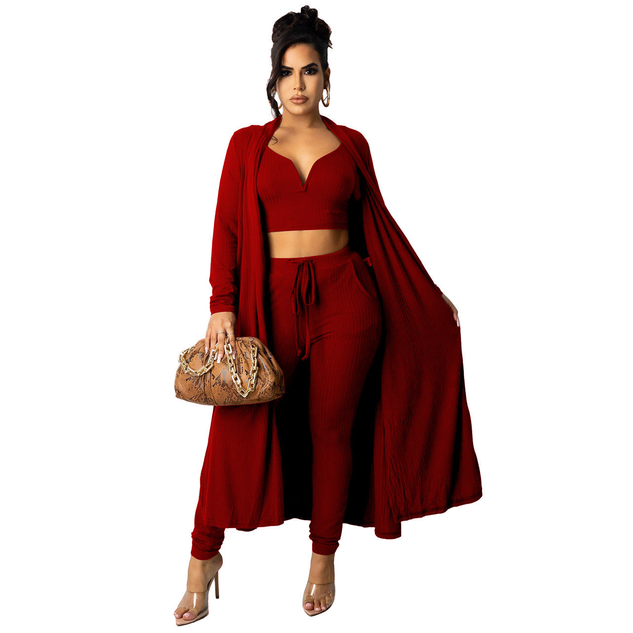Woman's Ribbed V-neck Vest Long Women's Pants 3 Piece Suit/3 Colors
