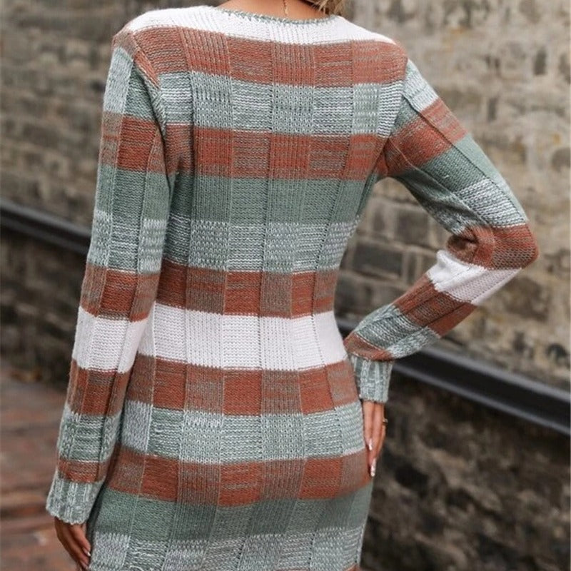 Woman's V-neck Double Pocket Knitted Slim Fit Sweater Dress