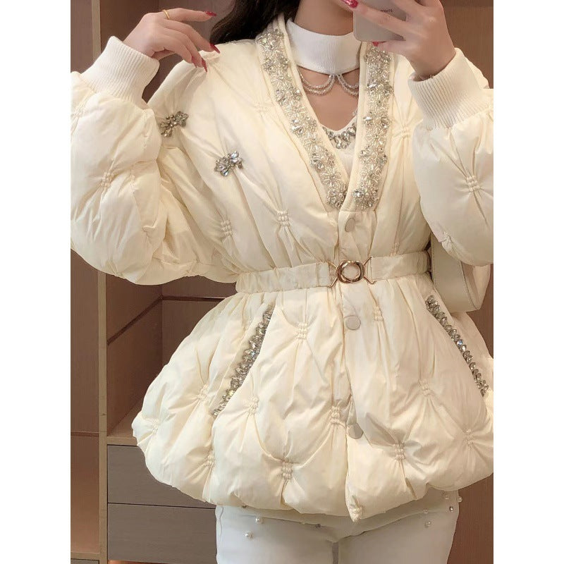 Diamond V Neck Single-breasted All-matching Graceful Waist Down Jacket Coat