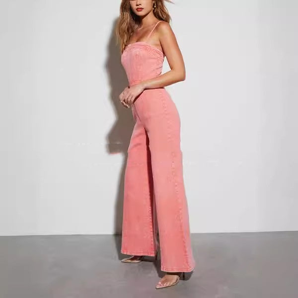 Women's Cotton Denim Slim Fit High-elastic Jumpsuit/2 Colors