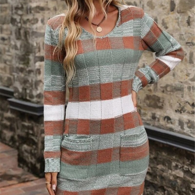 Woman's V-neck Double Pocket Knitted Slim Fit Sweater Dress