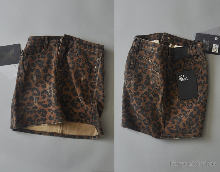 Women's High Waist Leopard Print Denim Skirt/2 Colors