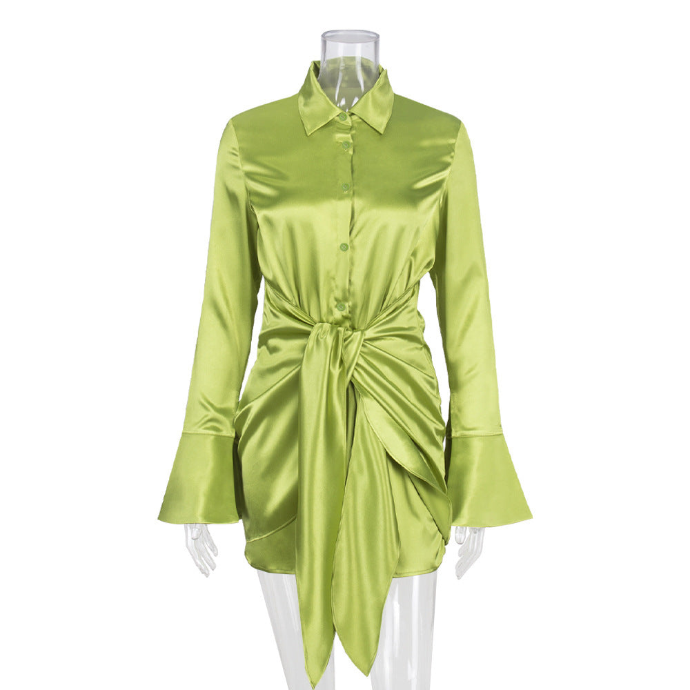 Women's Lace-up A- Line Lapel Long Sleeve Dress/5 Colors