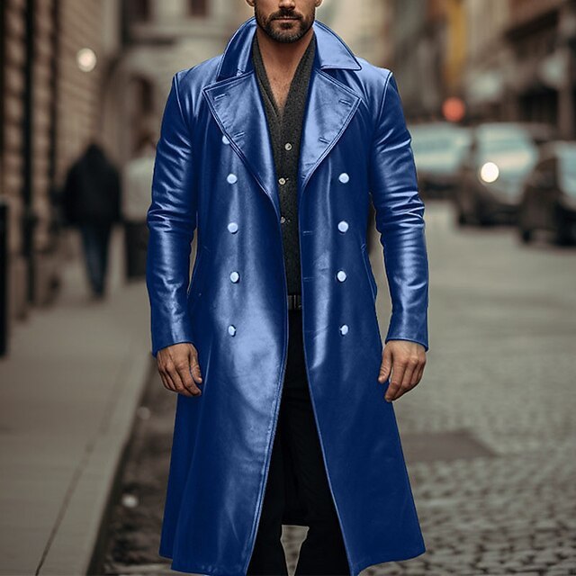 Long Trench Coat Male Double-breasted metallic Leather Jacket