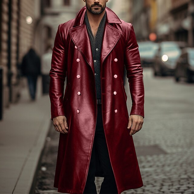 Long Trench Coat Male Double-breasted metallic Leather Jacket