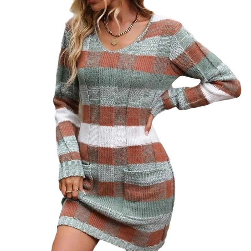 Woman's V-neck Double Pocket Knitted Slim Fit Sweater Dress