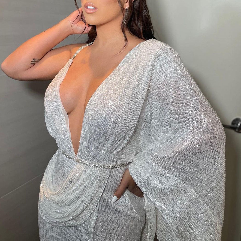Woman's Sequined Halter Backless Long Slit Dress