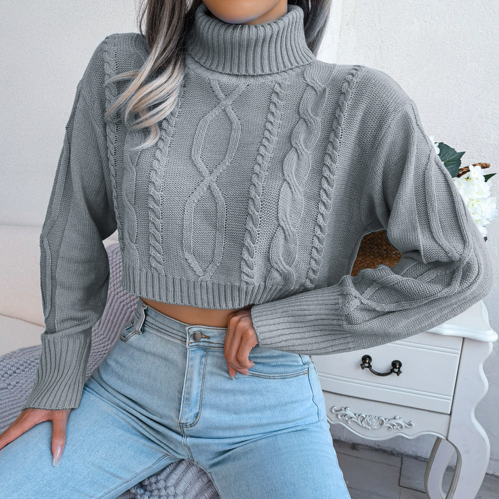 Woman's Long Sleeve Turtleneck Cropped Pullover Sweater/3 Colors