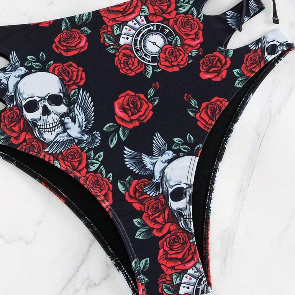Women's Flower/ Skull Tight Two-piece Swimsuit Set