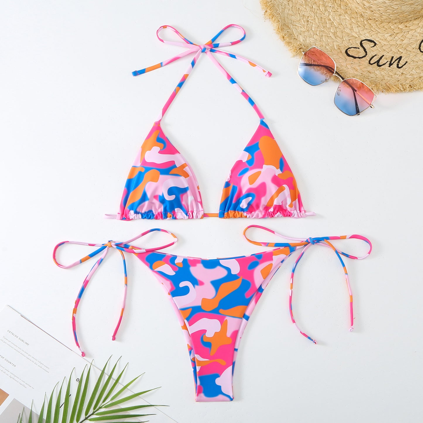 Woman's Split Contrast Color Lacing Triangle Bikini/5 Colors
