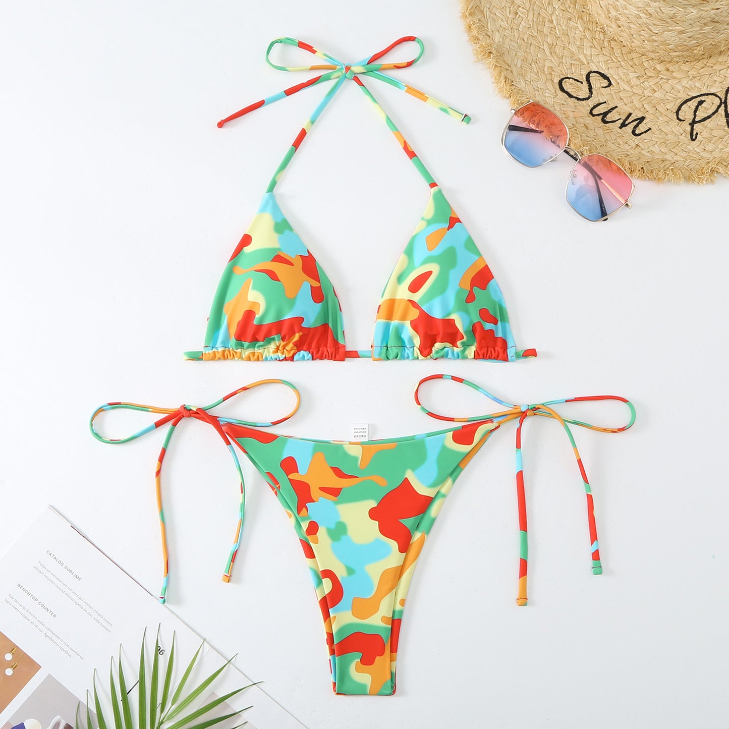 Woman's Split Contrast Color Lacing Triangle Bikini/5 Colors