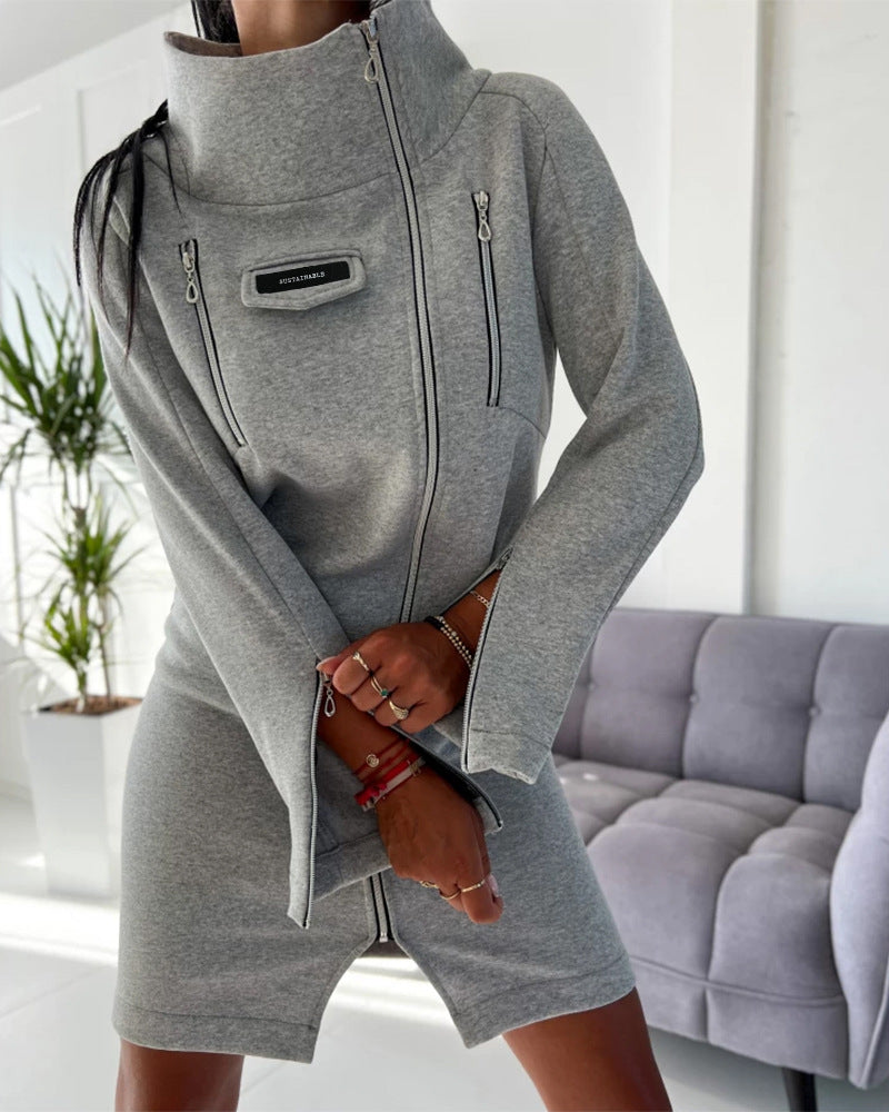 Woman's Turtleneck Zipper Design Slim Fit Sweater Dress