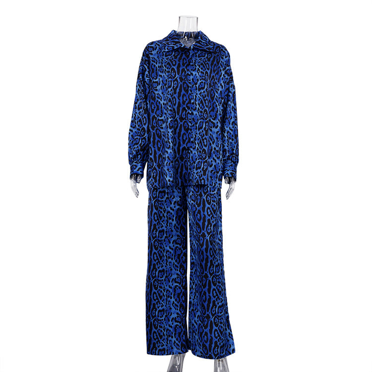 Woman's Leopard Print Long Sleeve Draping 2peice Set