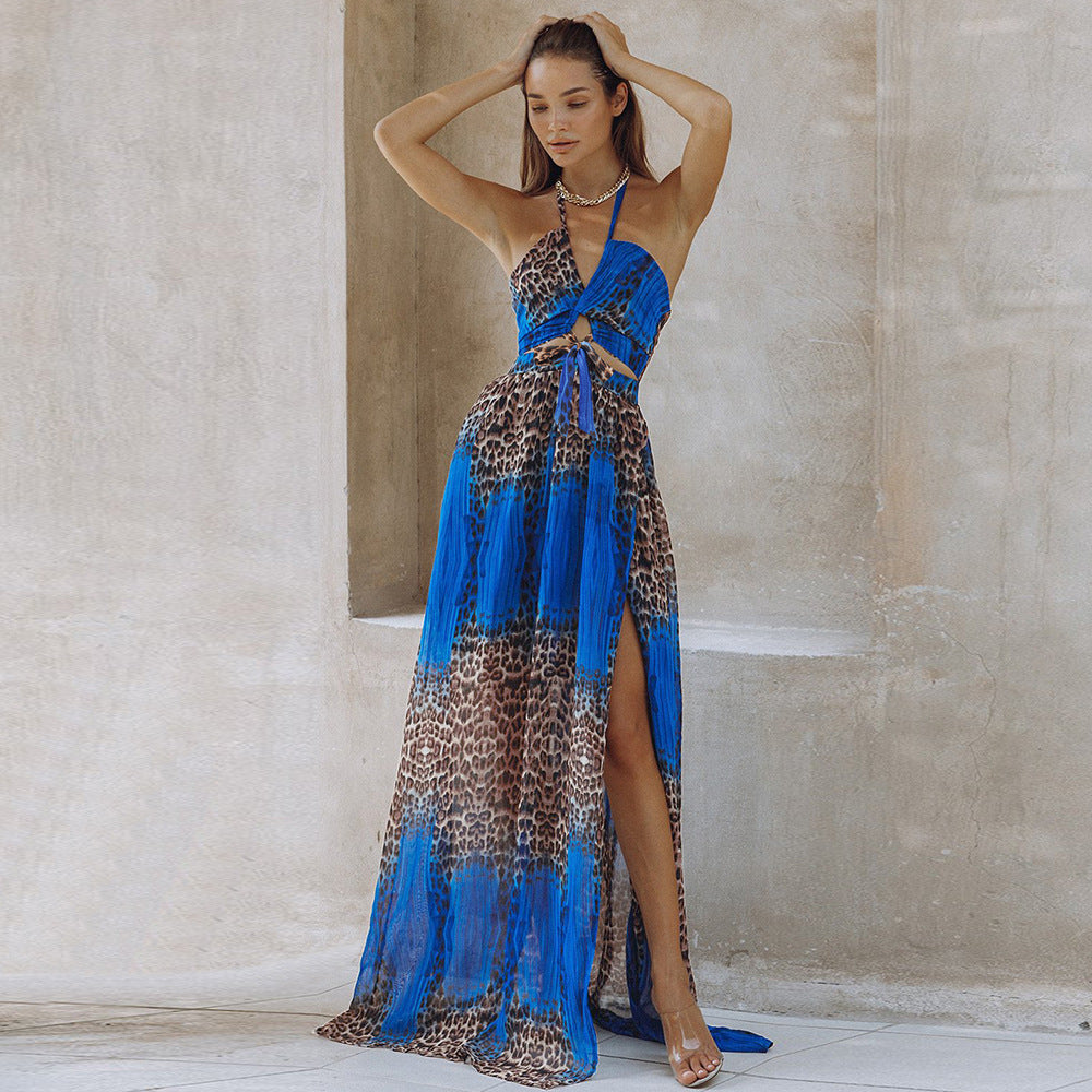 Woman's Leopard Print Backless Bohemian Dress/3 Colors
