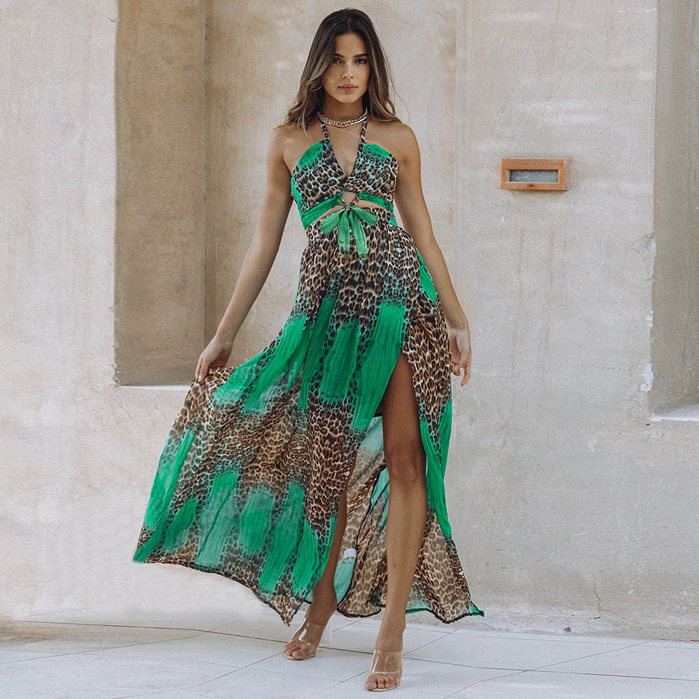 Woman's Leopard Print Backless Bohemian Dress/3 Colors