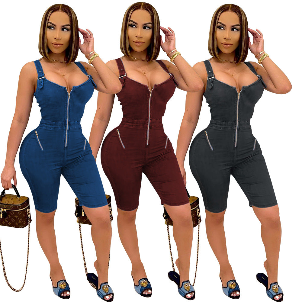 Woman's Buckle Strap Backless Shorts Jumpsuit/3 Colors
