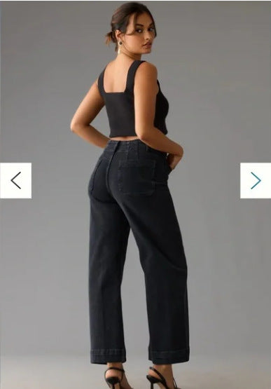 Women's Cropped Style Pocket Wide Leg Jeans/4 Colors